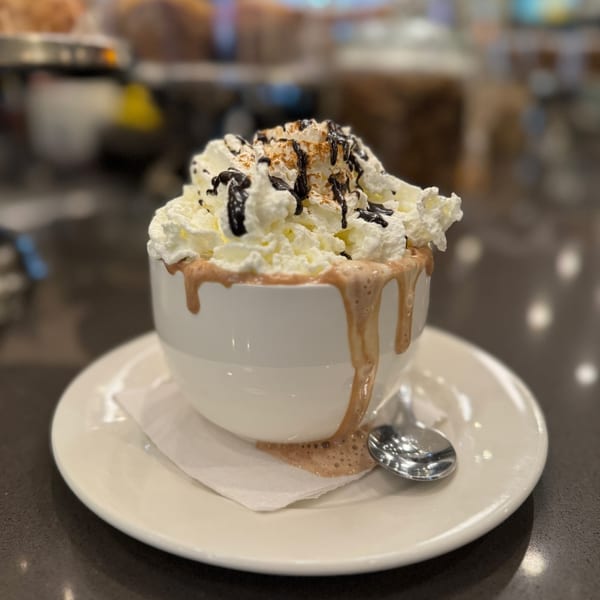 Hot chocolate with whipped cream, chocolate drizzle, and cinnamon in a white mug at Good Eats diner.